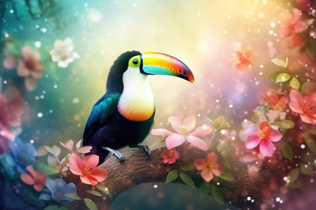 Rainbow toucan witting on the tree, summer tropical flowers surrond the bird, colorful backgroundの素材