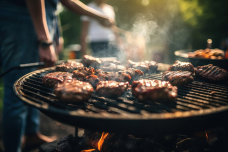 Steaks close up, prepared on barbeque with defocused people on a garden. Generative AIの素材