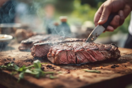 Steak close up, prepared on barbeque with defocused people on a garden. Generative AIの素材