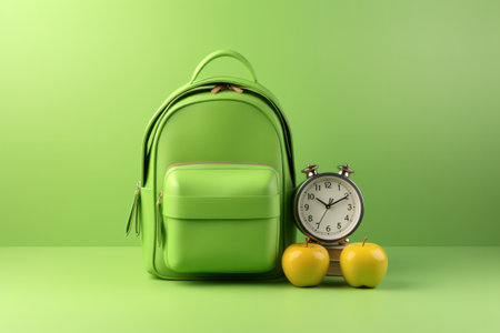 Green school backpack on a green background with an alarm clock and yellow apple, 3d illustration with copy space, generative AIの素材