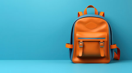 Orange school backpack on blue background, back to school concept with copy space, generative AIの素材