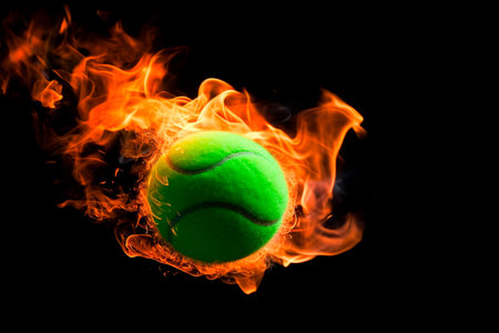 Green tennis ball flies and burns with flame on black background. Generative AIの素材