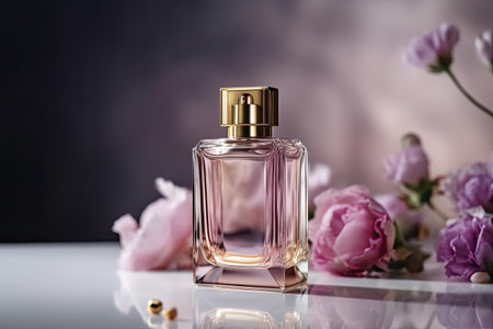 Bottle of luxury perfume surrounded by peonies flowers, close up. Generative aiの素材