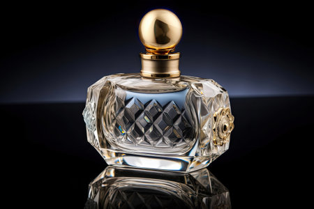 Bottle of luxury perfume on black background with reflections. Generative aiの素材