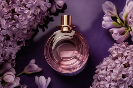 Bottle of luxury perfume surrounded by lilac flowers, top view. Generative aiの素材