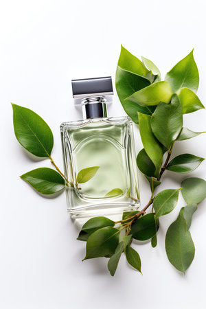 Bottle of luxury perfume on white background with green leaves. Generative aiの素材