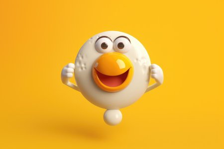 Fried egg character staying on yellow background, 3d style illustration. Generative aiの素材