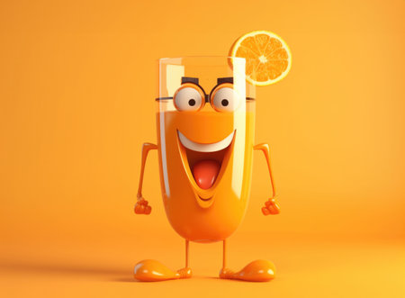 Glass of orange juice cartoon character on orange background, 3d illustration, generative aiの素材