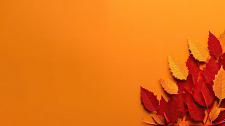 Flying fall maple leaves on orange background. Seasonal banner with autumn leaves and copy space. Generative AIの素材