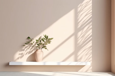 Minimalist abstract delicate light beige background for product presentation with highlights on the wall, generative aiの素材