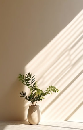 Minimalist abstract delicate light beige background for product presentation with highlights on the wall, generative aiの素材