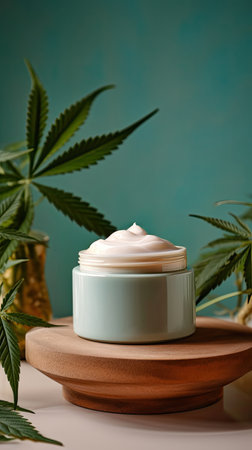 Green jar of face cream stands on a podium, surrounded by marijuana leaves. Generative aiの素材
