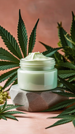 Green jar of face cream stands on a podium, surrounded by marijuana leaves. Generative aiの素材