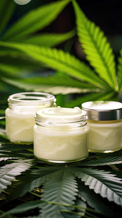 White jar of face cream stands on marijuana leaves. Generative aiの素材