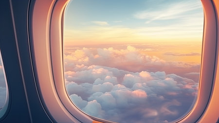 Airplane window view on a clouds and sunset outside of aircraft. Generative aiの素材