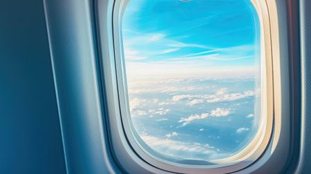 Airplane window view on a clouds and sunset outside of aircraft. Generative aiの素材
