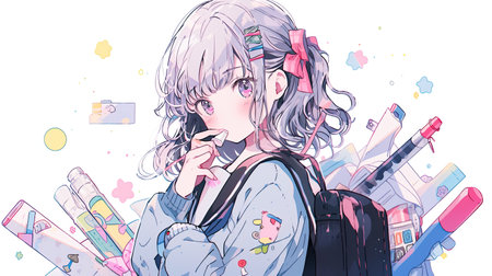 Anime kawaii beautiful girl character looks strait forward to the camera. Generative aiの素材