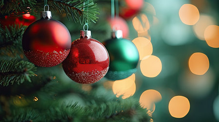 Christmas decorations on the green tree and lights background. Generative aiの素材