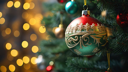 Christmas decorations on the green tree and lights background. Generative aiの素材