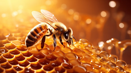 Honey bee sits on a honeycomb, photo realistic. Generative aiの素材