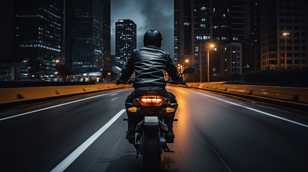 Motorcyclist in a black jacket on a black bike rides along a deserted night road. Generative aiの素材