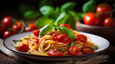 Italian tomato pasta with basil on the wooden table, close up. Generative aiの素材