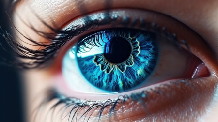 Woman blue eye macro with space reflection inside. High quality photoの素材
