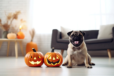 Pug dressed in a jack pumpkins lantern costume sits on a floor. Generative aiの素材