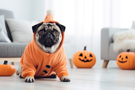 Pug dressed in a jack pumpkin lantern costume sits on a floor. Generative aiの素材