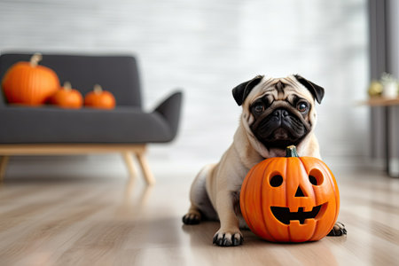 Pug dressed in a jack pumpkin lantern costume sits on a floor, close up. Generative aiの素材