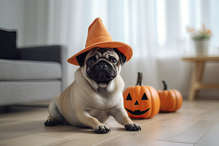 Pug dressed in a jack o lantern costume and a hat sits on a floor. Generative aiの素材
