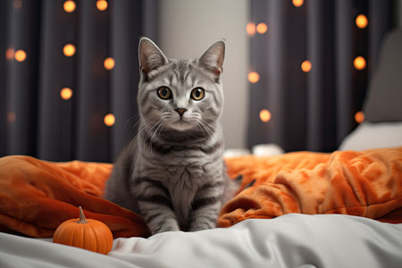 Cute kitten on the room sofa near jack-o-lantern pumpkin. Generative aiの素材