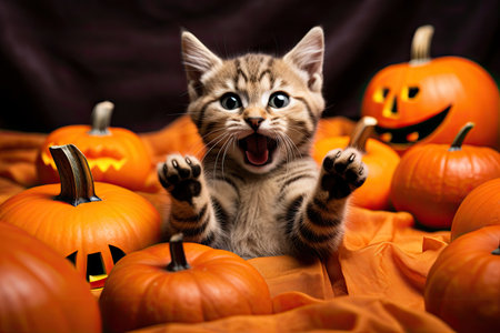 Funny kitten raised his paws up, among small jack-o-lantern pumpkins. Generative aiの素材