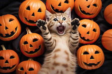 Funny kitten on his back and raised his paws up, lies among small jack-o-lantern pumpkins, top view. Generative aiの素材