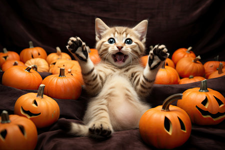 Funny kitten on his back and raised his paws up, lies among small jack-o-lantern pumpkins, top view. Generative aiの素材