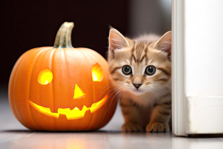 Cute kitten on the room floor near jack-o-lantern pumpkin. Generative aiの素材