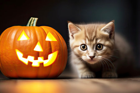 Cute kitten on the room floor near jack-o-lantern pumpkin. Generative aiの素材