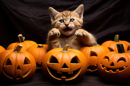 Funny kitten raised his paws up, among jack-o-lantern pumpkins. Generative aiの素材