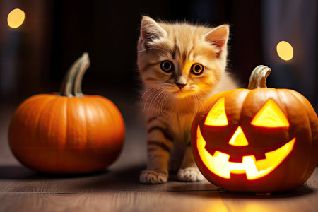 Cute kitten cat sits in dark room near jack-o-lantern pumpkin. Generative aiの素材