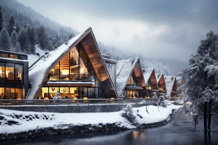 Eco-friendly ecolodge or eco-lodge wooden winter luxury eco-houses in the snowy forest. Generative aiの素材