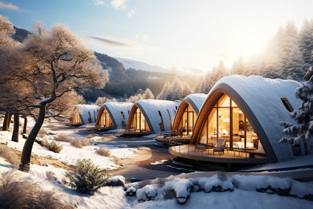 Eco-friendly ecolodge or eco-lodge cosy wooden winter eco-houses in the snowy valley. Generative aiの素材