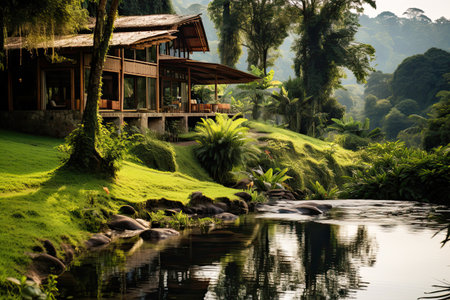 Eco-lodge or ecolodge house with a panoramic view of the lush forest and a tranquil river, ecotourism concept. Generative aiの素材