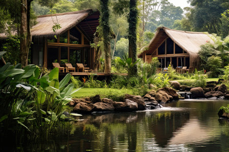 Eco-lodge or ecolodge house with a panoramic view of the lush forest and a tranquil river, ecotourism concept. Generative aiの素材