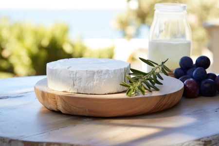 Manouri greek cheese on a chalkboard and a background of sea. Generative aiの素材