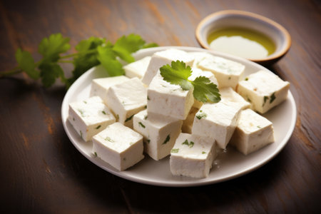 Paneer cheese cubes on a plate with green sauce and cilantro on the table. Generative aiの素材
