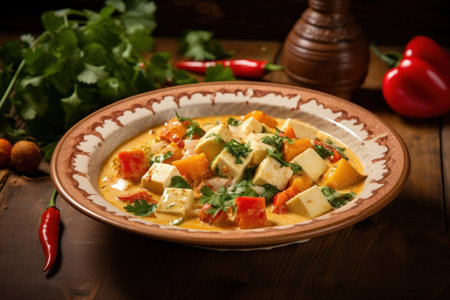 A plate of freshly prepared Indian Paneer cheese curry in a traditional plate. Generative aiの素材