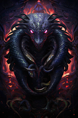 Fabulous dragon snake as a symbol of horror and danger, threatening a human being. Generative aiの素材