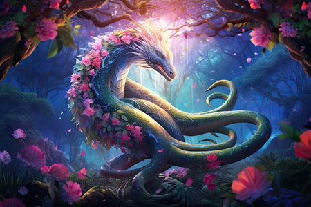Fabulous dragon snake with flowers as a symbol of power of love. Generative aiの素材