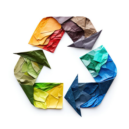 Recycling symbol consisting of multicolored crumpled paper. Generative aiの素材