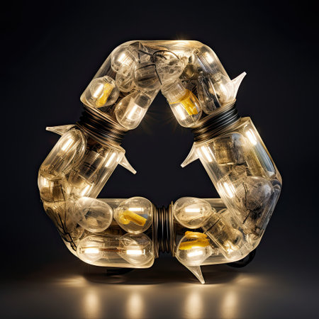 Recycling symbol consisting of old incandescent bulbs. Generative aiの素材